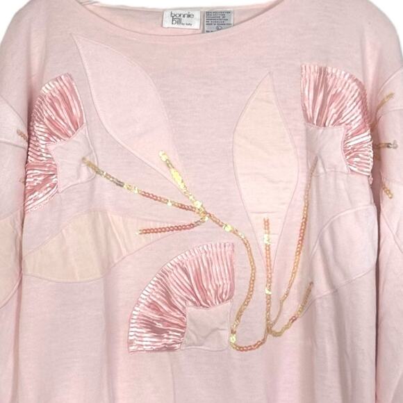 1980s Vintage Embroidered Sweater Sequins Lotus Flowers Pullover Size Large Pink - Picture 7 of 12